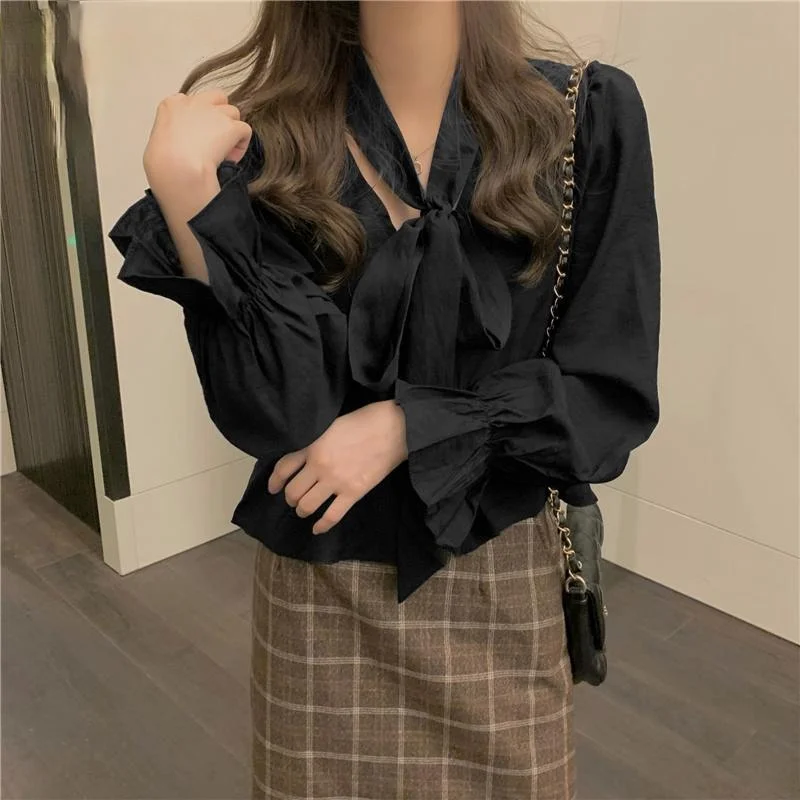 

Women Ruffled Blouse Casual Long Sleeve Tops 2021 Vintage Solid Party Tops Office Ladies Women Tunic Blusas Femininas