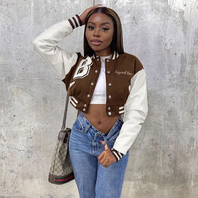 

Coffeehot Fall Jackets Brown Baseball Fashion Women Patchwork Button Green Crop Top Jackets Coats Red Varsity Bomber Jacket