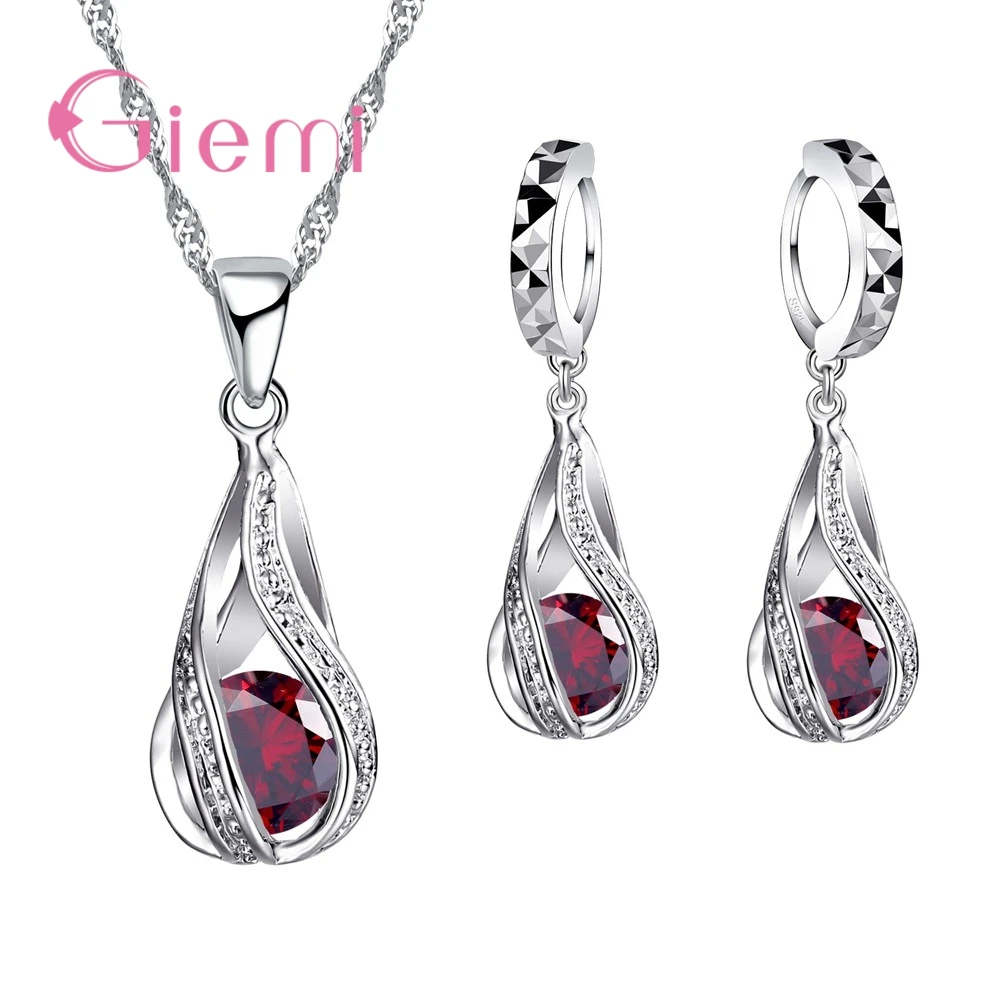 Red 925 пробы, серебро, новая капля воды, кубический циркон, подвеска, ожерелье и серьги для женщин, дамские ювелирные наборы, свадебные - Окраска металла: Red