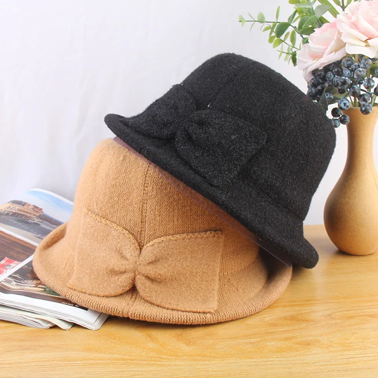 

Joker Bowknot Mother 2022 middle-aged And Old Women Hat Imitated Mink Velvet Edge Small Basin Hat Outdoor Warm Hat Luxury Cashme