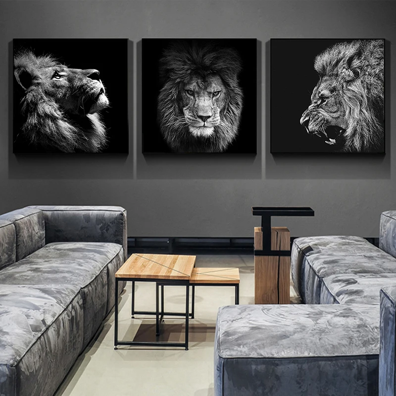Животные черно-белые Львы современные парусиновые поп-арт картины настенные
