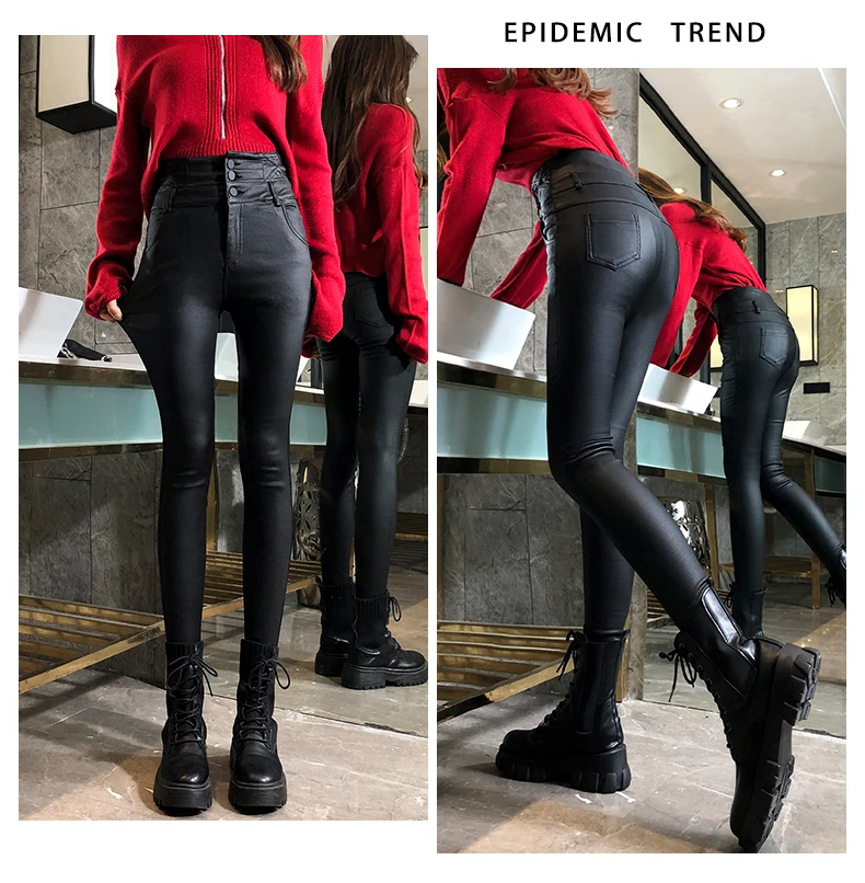 2020 new autumn and winter high waist  velvet thickened outer wear leggings matte pu imitation leather skinny pants KZ522