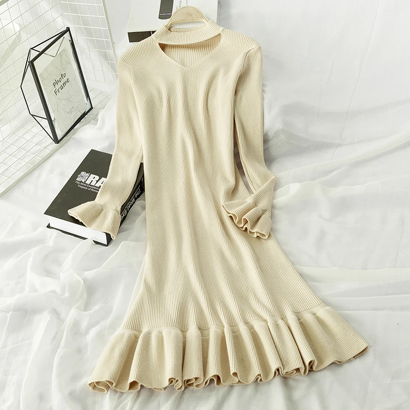 Gaganight однотонное вязаное элегантное женское платье с длинным рукавом и v-образным