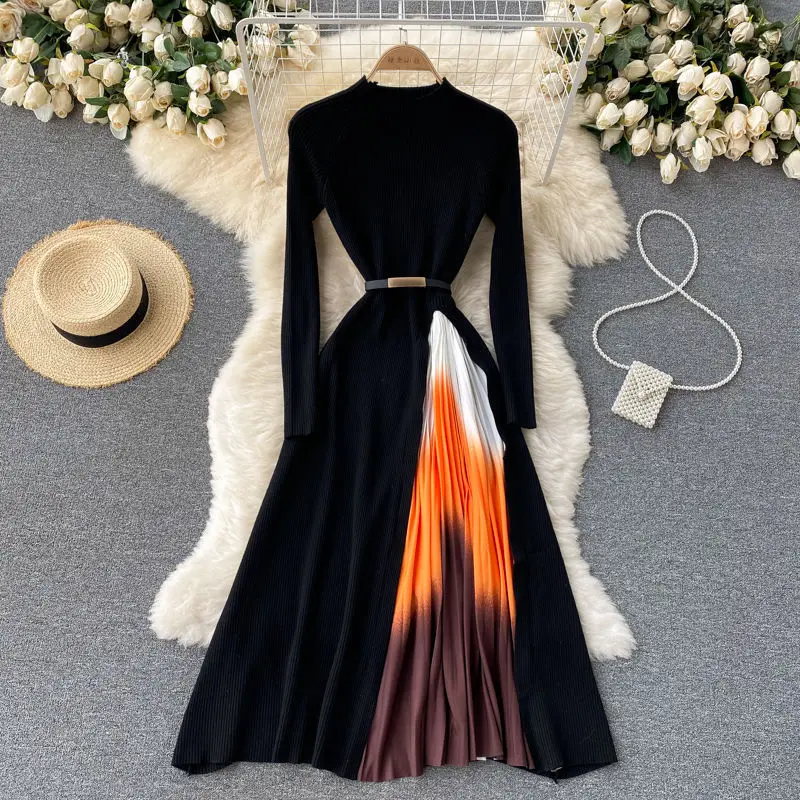 

Women Elegant O-neck Thicken Sweater Dress Autumn Winter New Warm Knitted Belted Dress Female A-line Pleated Soft Dresses K199