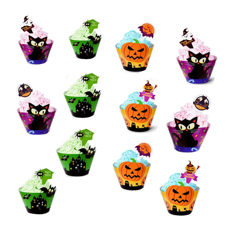 

6pcs/12pcs Halloween cake decoration party paper cake black cat black house pumpkin horror ghost party halloween cake flag