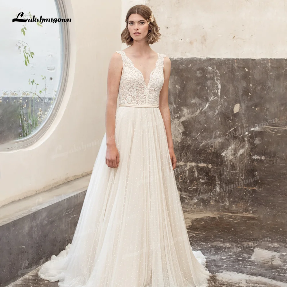 

Boho Bohemian Wedding Dress 2021 V-Neck A-Line Vintage Lace Bridal Gowns Sweep Train White Long Vestido De Novia Robe De Mariée
