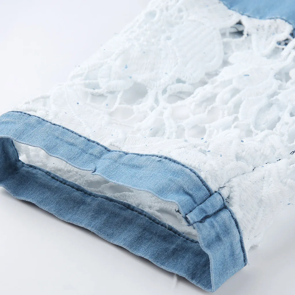 

TELOTUNY Women Summer Elastic Lace Denim Casual Cropped Trousers Leisure Simple Solid Color Cropped Jeans Stretch Slim Pants