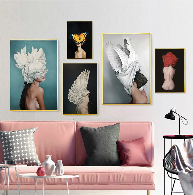 

Nordic Modern Art Women and Feathers Picture Indie Aesthetics Canvas Painting for Bedroom and Living Room Decoration Poster