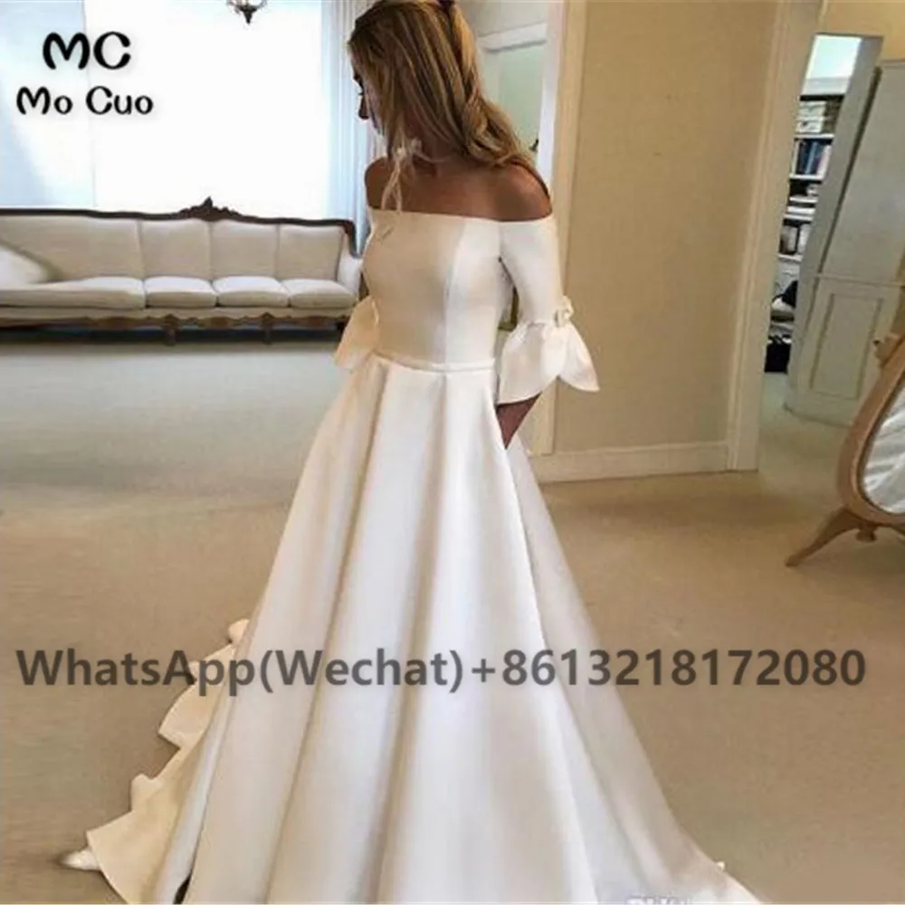 

2021 Black Women Off the Shoulder Wedding Dresses White Half Sleeves Bridal Gowns Satin African Wedding Dress for Women