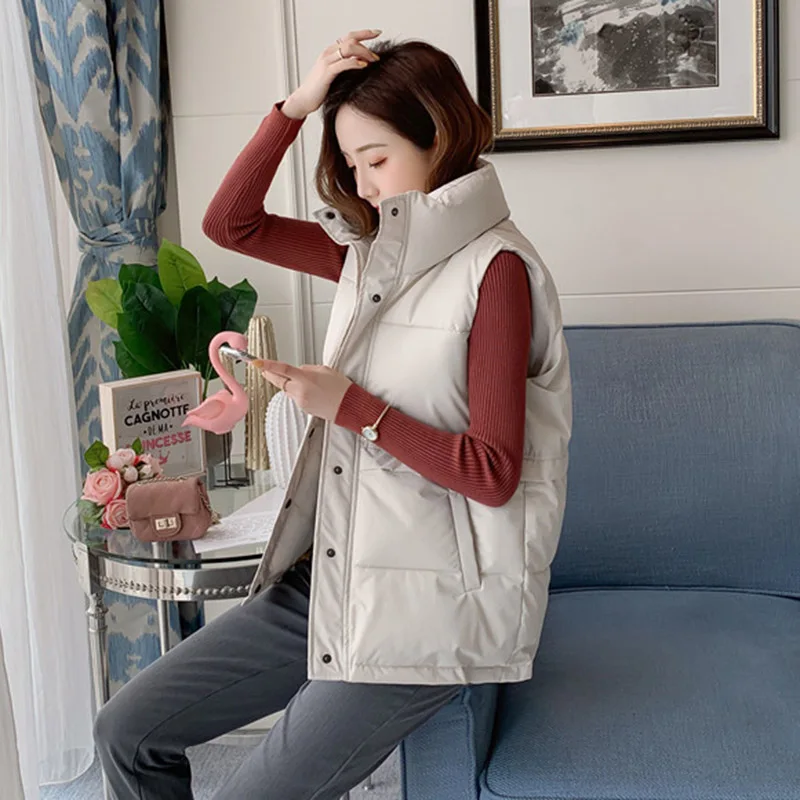 

Winter Simple Short down Cotton Vest Women 2021 Casual thick Warm Girls Sleeveless outerwear waistcoat student tank tops Ladies
