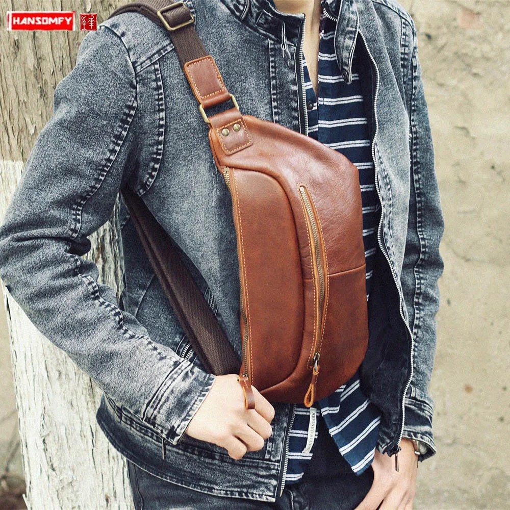 Genuine Leather Men Chest Bag Male Waist Packs Shoulder Messenger Bag Mobile Phone Bag First Layer Cowhide Retro Casual Bags