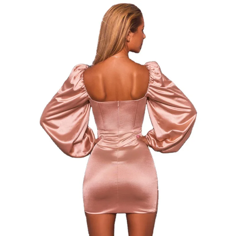 

Donsignet Women Dress New Fashion Breast Wrap Slash Neck Pleated Sexy Lantern Sleeve Dress SpringAutumn Ladies Party Dresses