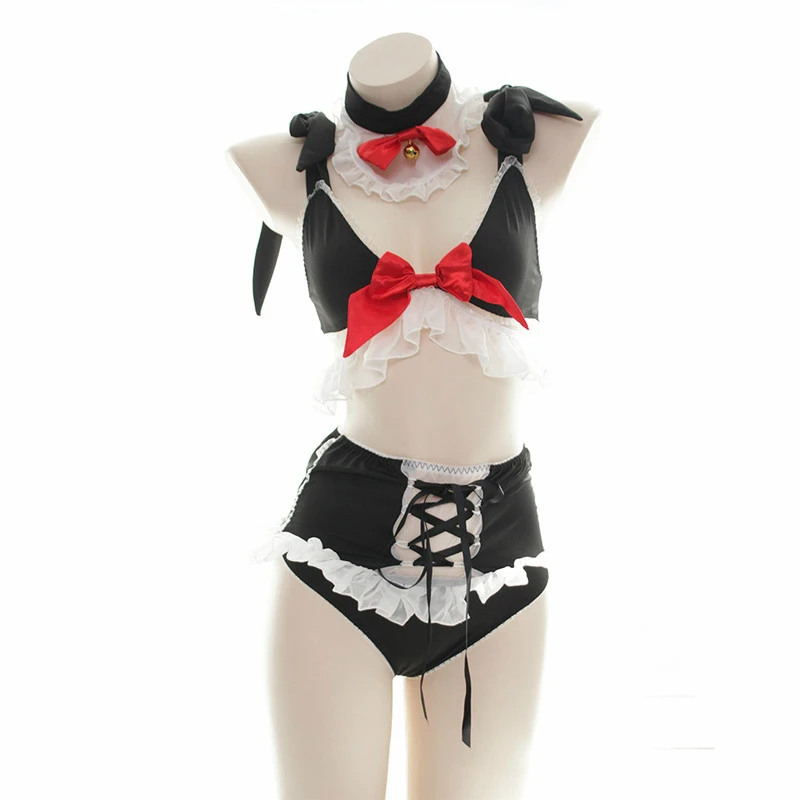 Lovely Lace Mini Dress for Women Anime Black White Lolita Bust Open Maid Cosplay Costume Sexy Kitty Outfit Cotton Apron Тематическая
