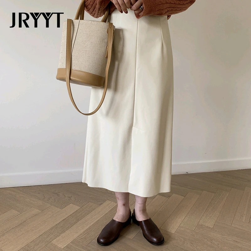 Женская плиссированная юбка JRYYT Офисная прямая из искусственной кожи до середины