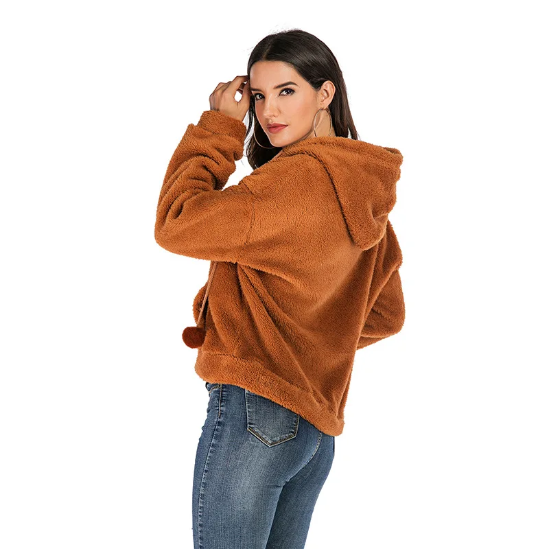 

Winter Casual Fleece Coat Women's Solid Color Loose Hooded Coat