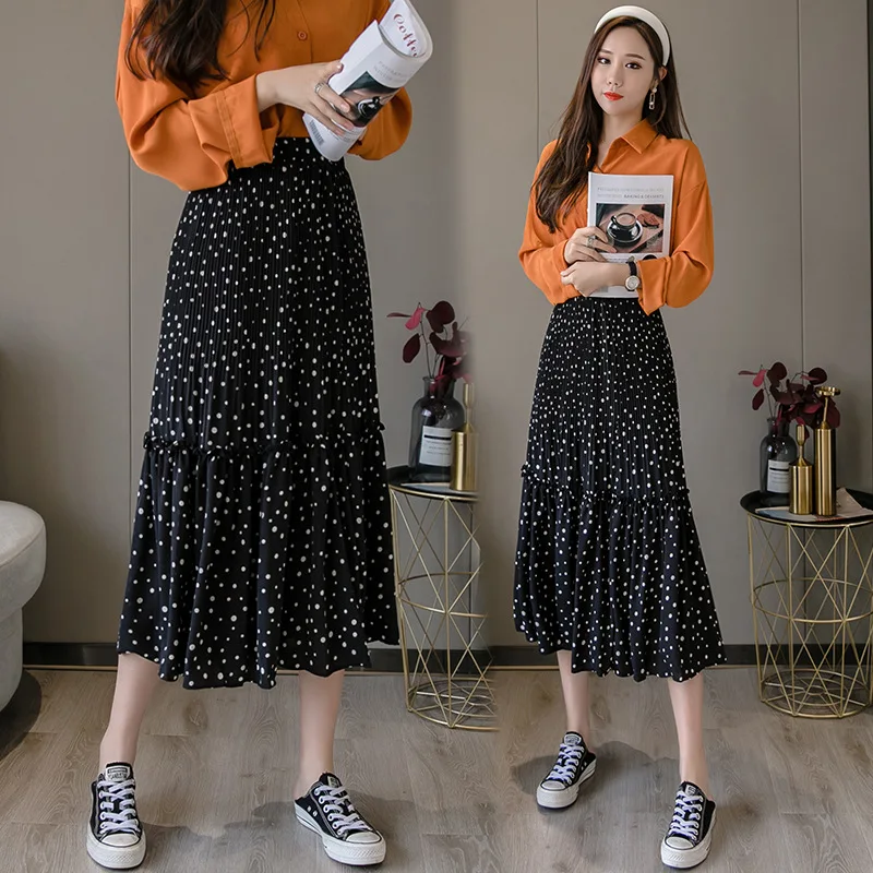 Faldas Mujer 2020 Spring/Summer A-Line Skirts Women High Waist Dot Chiffon Casual Jupe Femme Saias Bohemia Outwear | Женская одежда