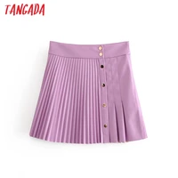 tangada women faux leather pleated skirts faldas mujer buttons female purple elgant mini skirt qn52