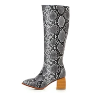 winter for woman new fashion sexy new gray serpentine brown zipper pointed toe big size block heels knee high boots 34 47