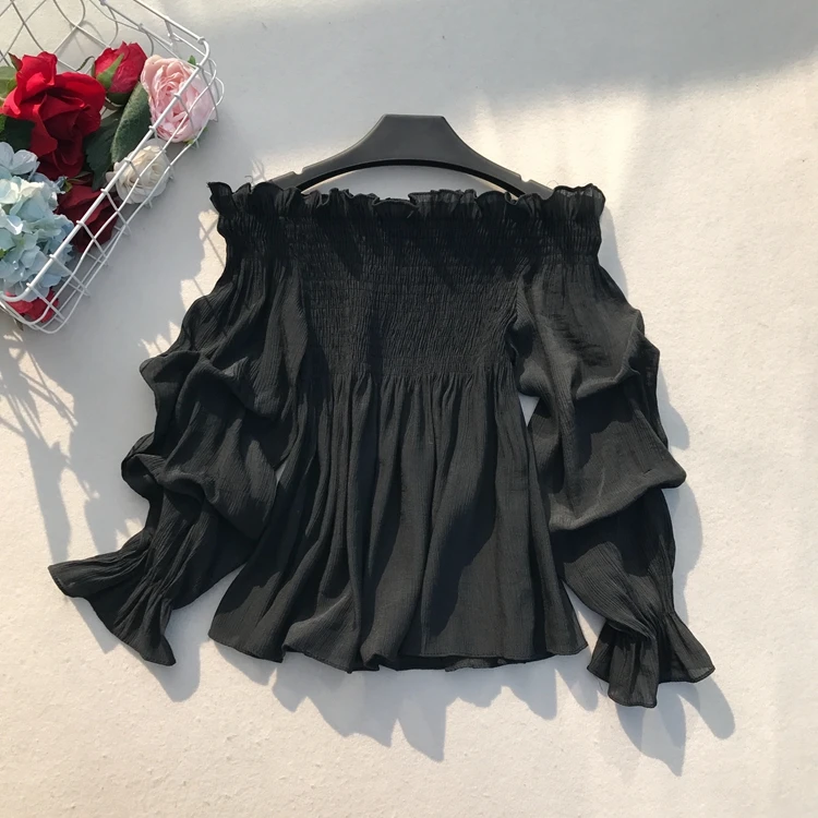 

Sexy Off Shoulder Puff Sleeve Top 2021 Spring Loose Slash Neck Strapless Ruffle Chiffon Shirt Solid Color Feminine Blouse Summer