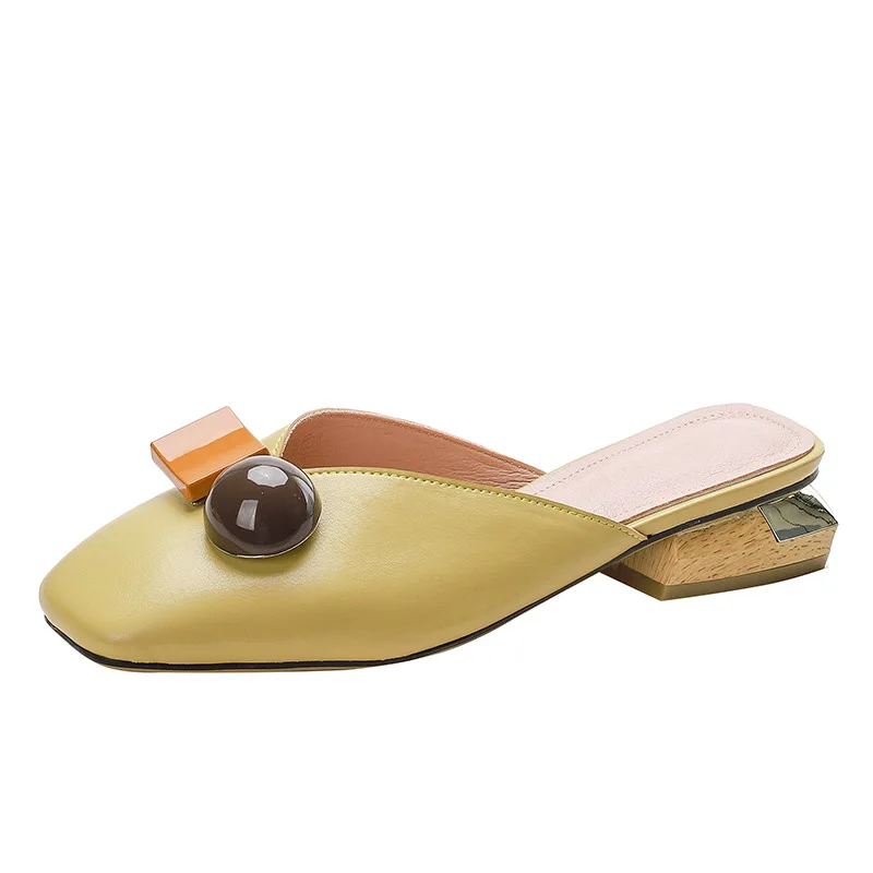

String Bead Slippers Casual Female Shoes Slides Cover Toe Med Luxury Soft 2021 Hoof Heels PU Rubber Fabric Basic Shoes Woman 202