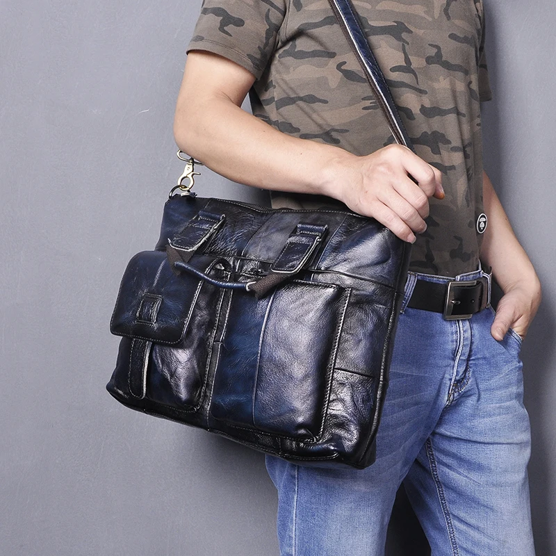 Men Original Real Leather Blue Fashion Business Briefcase 15&quot Laptop Case Attache Portfolio Bag One Shoulder Messenger B260 | Багаж и