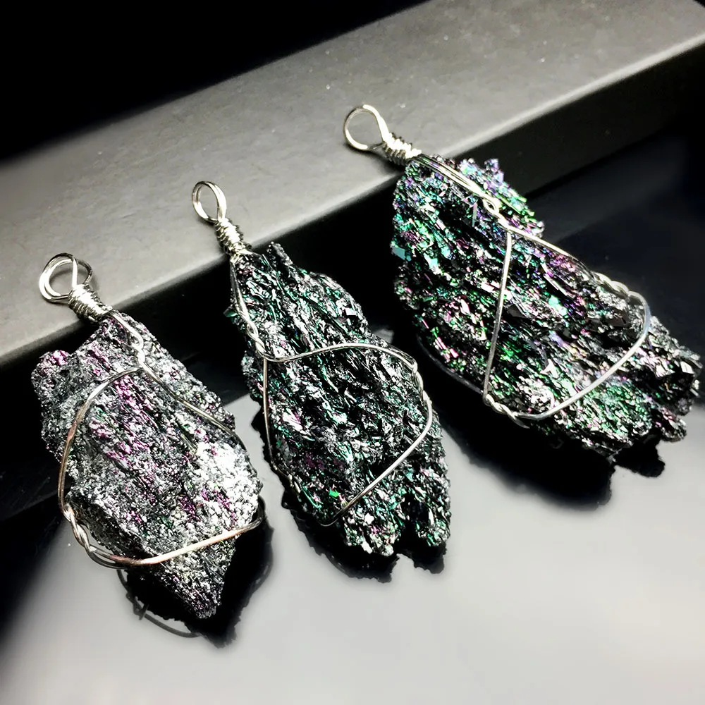 Natural Irregular Rough Stone Coal Crystal Necklace Pendant Wire Wrap Colorful Aura Quartz Druzy Jewelry Accessories Women Man