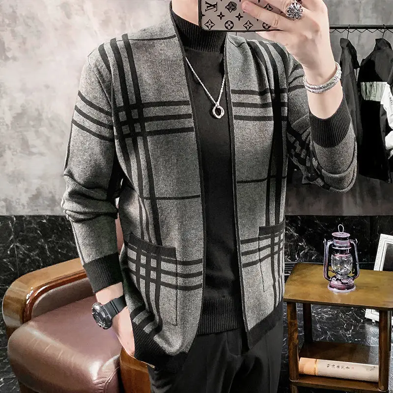 

Men's Sweater Cardigan Plaid Pocket Knitted Coat Smart Casual Business Style Autumn Winter Top Wholesale 2022 New Male Clothes