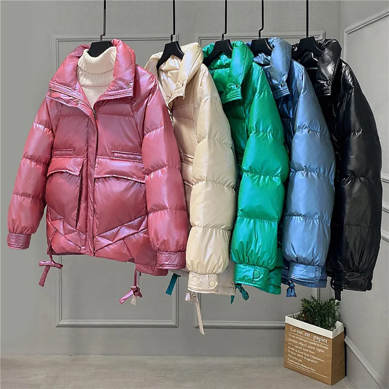 

Women Coats Winter Bright Side White Duck Down Jacket Women Stand Collar Candy Colors Parkas Female Warm Snow Down Hooded Style