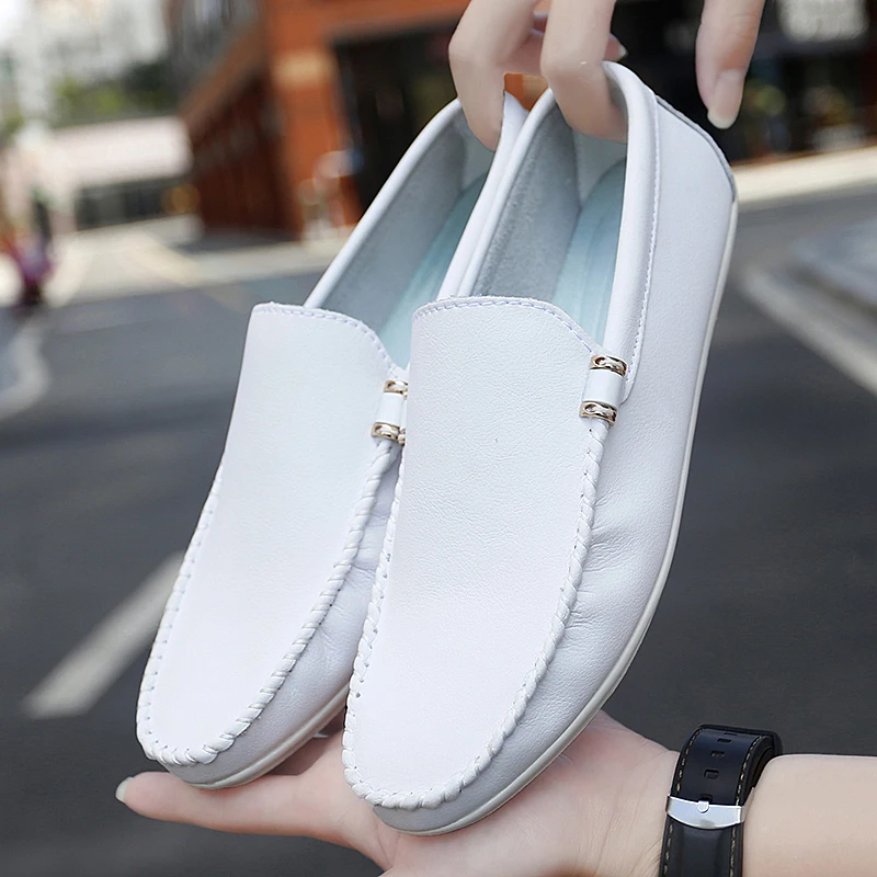 

Мокасины мужские кожаные, дышащие лоферы, повседневная обувь для вождения, Нескользящие, прогулочная обувь, белые