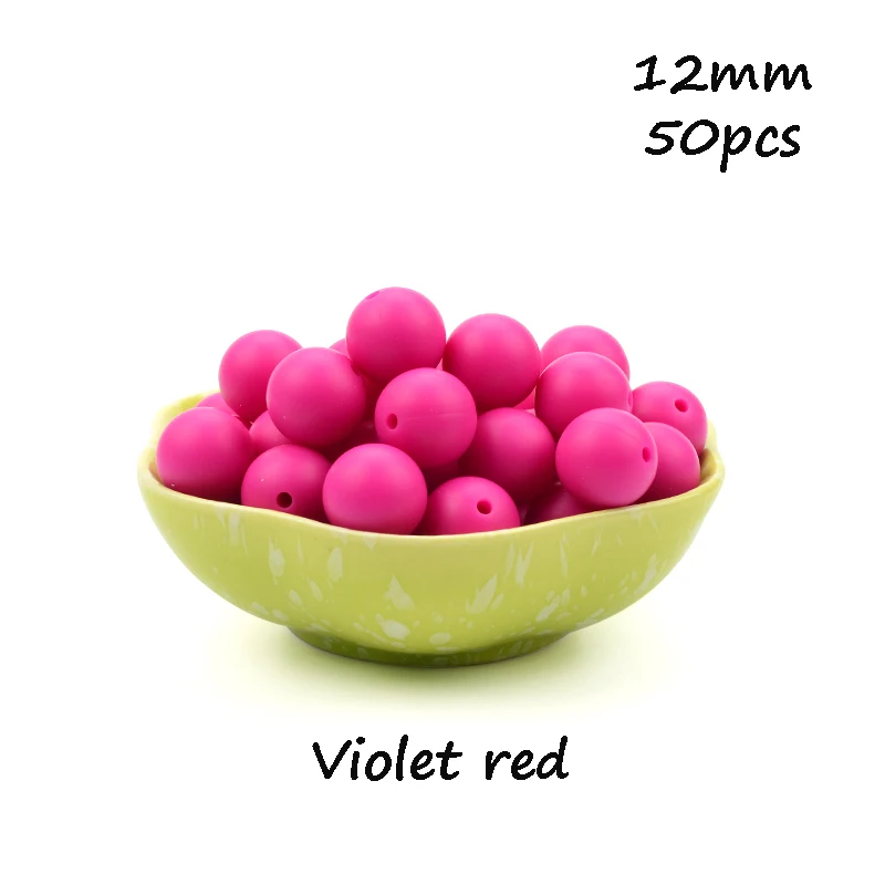 Violet red LOFCA, 12 мм, 50 шт./лот, бусины из пищевого силикона, Прорезыватель для зубов, круглые бусины, Детская жевательная для прорезывания зубов, Силиконовые Прорезыватели для самостоятельного изготовления - Цвет: Violet red