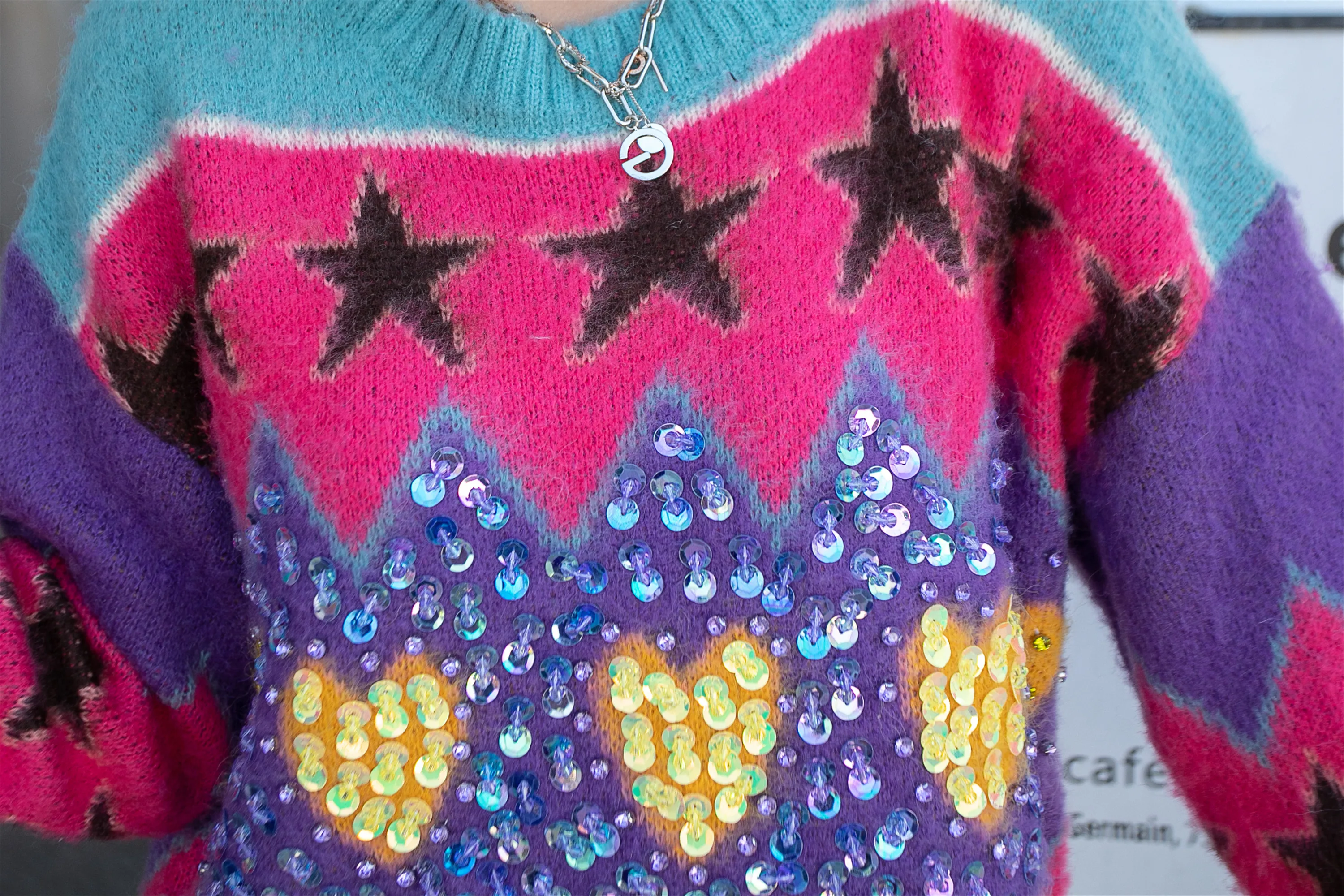 

Korean version hit color sequins love loose large size pullover mid-length long-sleeved sweaters women