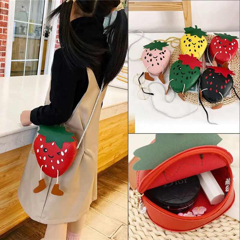 PU Leather Children Mini Shoulder Crossbody Bags Fashion Baby Kids Money Wallet Lovely Cartoon Strawberry Girls Small Coin Purse