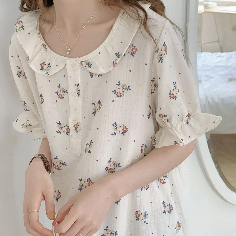 Korean Summer Cotton Nightdress Women's Flower Nightgown Short Sleeve Dress Ruffle Sweet Housewear Female Sleepwear Lnightwear