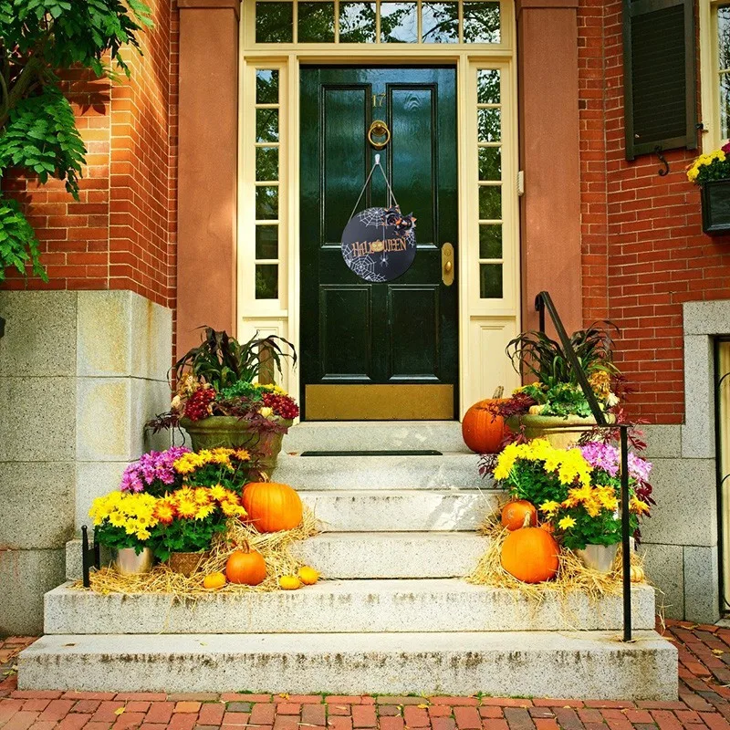 Wood Halloween Front Door Welcome Sign Porch Hanging Rustic Farmhouse Home Spider Web Pumpkin Plaque Decoration | Дом и сад