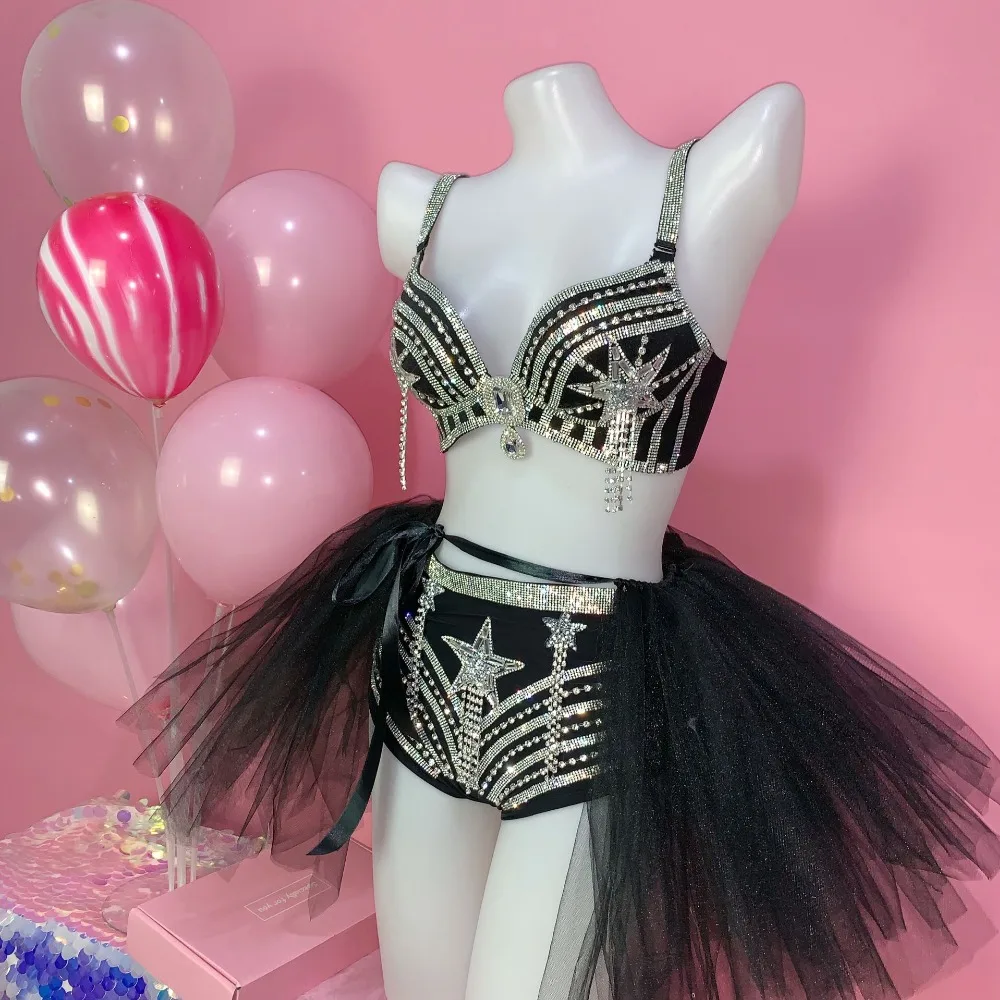 Luxury Rhinestone Star Bikini Black Skirt Set Models Catwalk Stage Show Performance Clothes Night Club Party Dance Costume