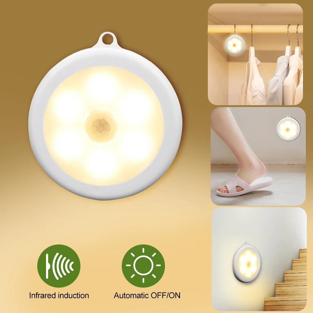 1pcs warm white 1/3/6 шт. в партии, 6 светодиодов движения Сенсор шкаф светильник диаметром 80 мм Беспроводной детектор светильник Авто включения/выключения лампы для защиты глаз шкаф лампа, лампа светильник - Цвет: 1pcs warm white