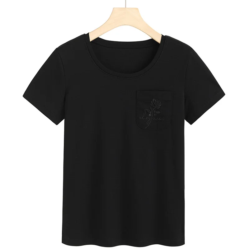 

2021 new spring and summer t-shirt female short sleeve 80 thread mercerized cotton round neck pocket embroidered rose tide 6905