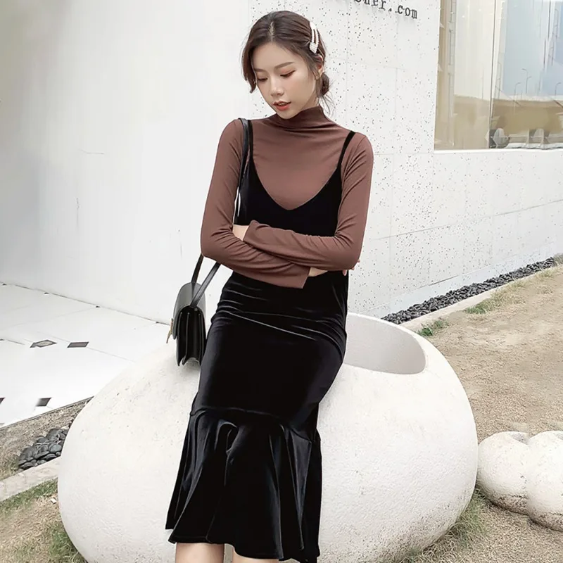 Женские Ретро платья простые дикие одноцветные золотые бархатные сексуальные