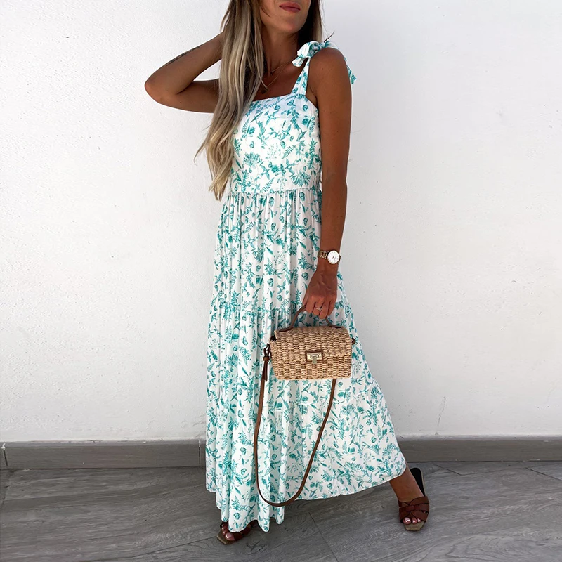 

Bohemian Bandage Floral Long Dress Women Summer Spaghetti Strap High Waist A-Line Big Swing Print Beach Style Female Dress 2021