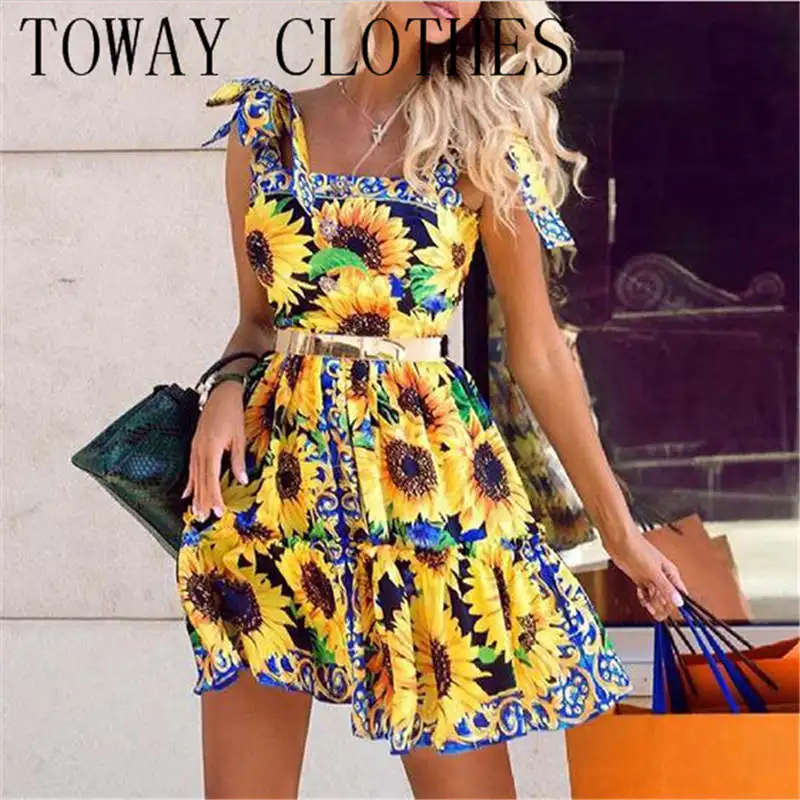 

Женское мини-платье без рукавов, с квадратным вырезом и принтом подсолнухов