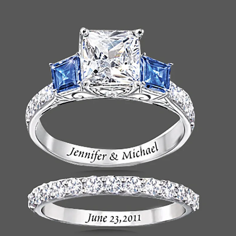 

2 Pcs/Set Trendy Silver Color Engraving Words Cubic Zircon Crystal Rhinestone Female Ring Set for Women Wedding Jewelry