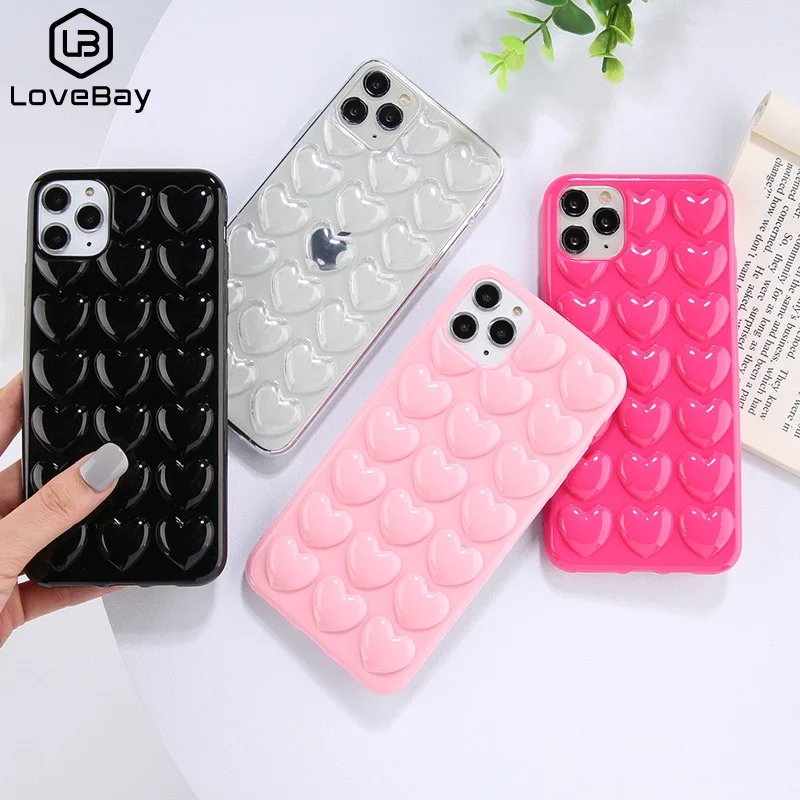 

Solid Color 3D Love Heart Phone Case For iPhone 11 12 11Pro Max X XS XR Xs Max 6 6s 7 8 Plus 12Mini Jelly Color TPU Back Cover