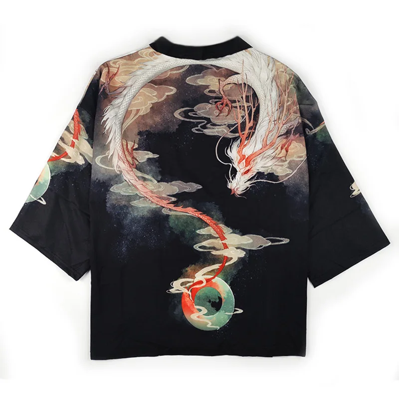 Японский свободный халат Древний китайский стиль белый дракон haori летнее