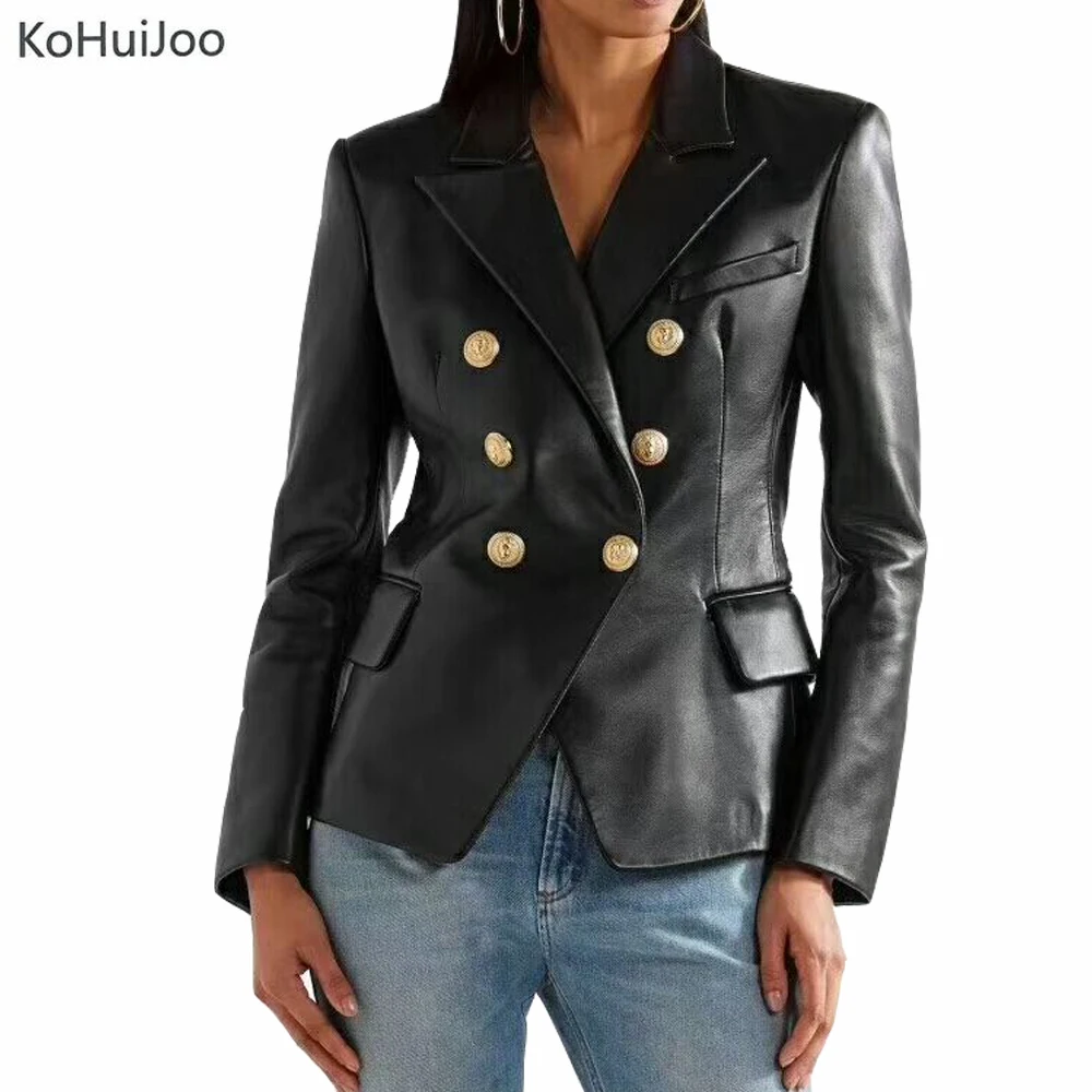 KoHuiJoo Women Pu Leather Blazers Spring Autumn Plus Size Double Breasted Fashion Runway Golden Button Leather Blazer Coats