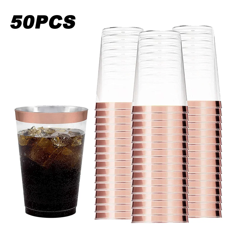 

50Pcs/Set 12OZ Disposable Plastic Cups Transparent Golden Rimmed Tumblers for Wedding Party Birthday