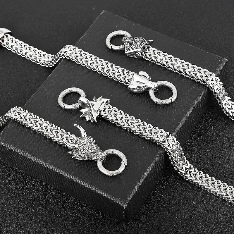 Мужской плетеный браслет из нержавеющей стали с пряжкой в виде головы дракона -