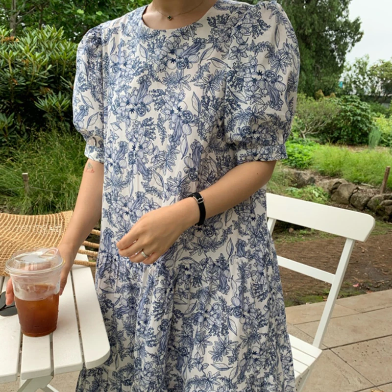 

Vintage Flower Print Midi Dress Elegant Round Neck Short Sleeve A-line Casual Loose Long Dresses Female New Fashion Robe Mujer