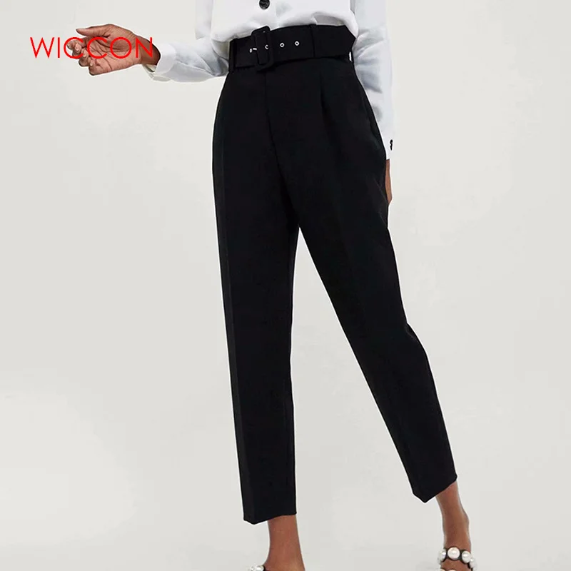 

2021 Women Belted Suit Pants High Waist Causal Pink Yellow Harem Pants With Sashes Elegant Lady Trousers Casual Streetwear