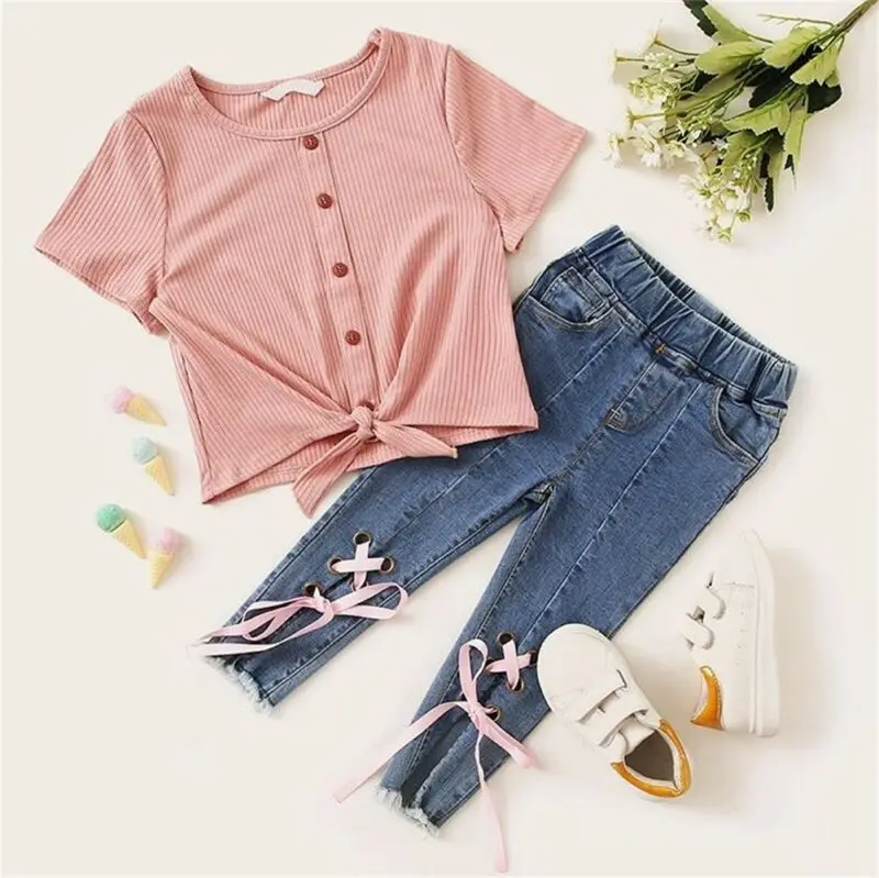 Модные комплекты одежды Emmababy для маленьких девочек 2 шт. рубашка топ джинсовые