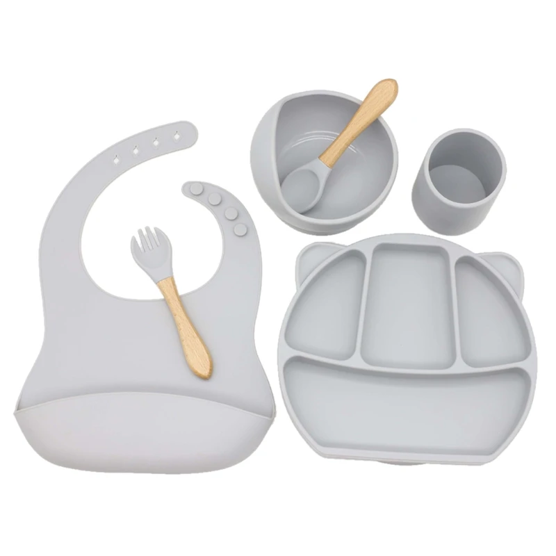 

6Pcs Baby Tableware Set Silicone Suction Plates Spoon Fork Bowl Saliva Bibs Cup